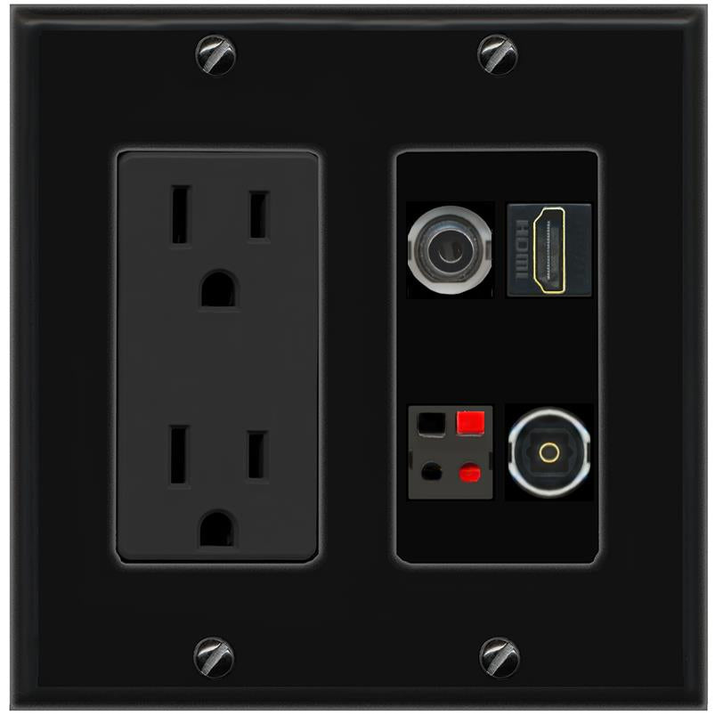 RiteAV 3.5mm HDMI SPEAKER TOSLINK Wall Plate with 15A Power Outlet [Black]