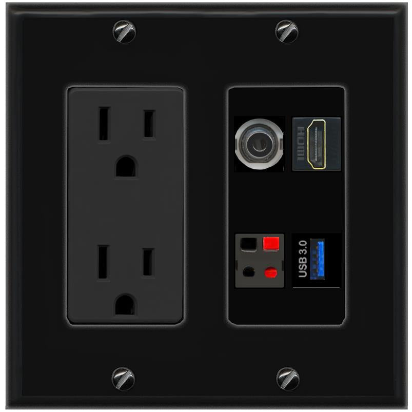 RiteAV 3.5mm HDMI SPEAKER USB-3 Wall Plate with 15A Power Outlet [Black]