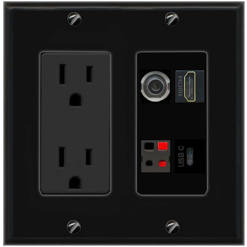 RiteAV 3.5mm HDMI SPEAKER USBC Wall Plate with 15A Power Outlet [Black]
