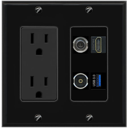 RiteAV 3.5mm HDMI TOSLINK USB-3 Wall Plate with 15A Power Outlet [Black]
