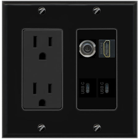 RiteAV 3.5mm HDMI 2 USBC Wall Plate with 15A Power Outlet [Black]