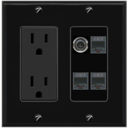 RiteAV 3.5mm 3 PHONE Wall Plate with 15A Power Outlet [Black]