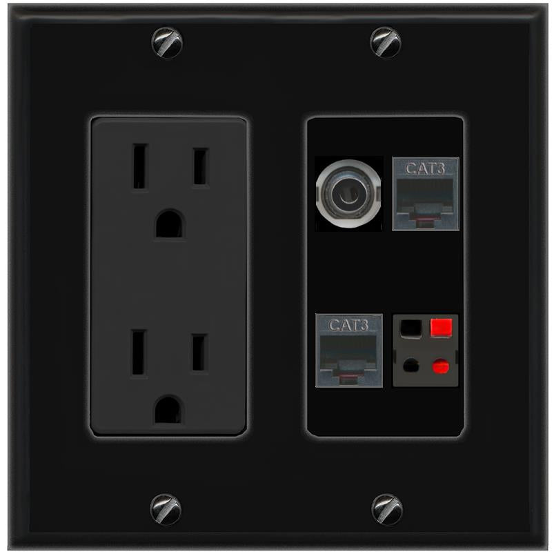 RiteAV 3.5mm 2 PHONE SPEAKER Wall Plate with 15A Power Outlet [Black]
