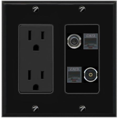 RiteAV 3.5mm 2 PHONE TOSLINK Wall Plate with 15A Power Outlet [Black]