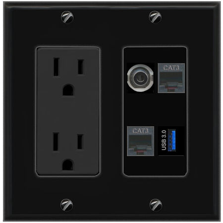 RiteAV 3.5mm 2 PHONE USB-3 Wall Plate with 15A Power Outlet [Black]