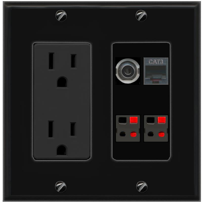 RiteAV 3.5mm PHONE 2 SPEAKER Wall Plate with 15A Power Outlet [Black]