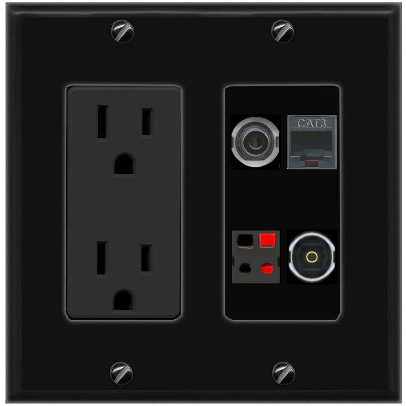 RiteAV 3.5mm PHONE SPEAKER TOSLINK Wall Plate with 15A Power Outlet [Black]