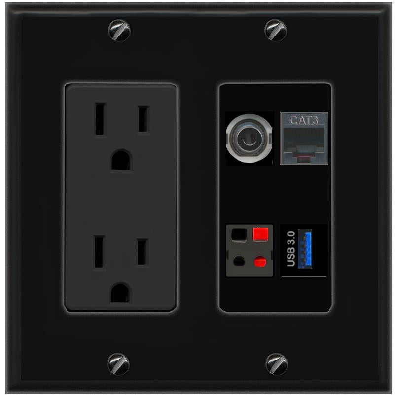 RiteAV 3.5mm PHONE SPEAKER USB-3 Wall Plate with 15A Power Outlet [Black]