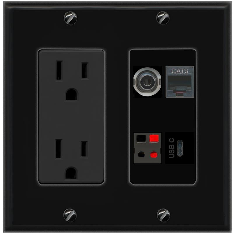 RiteAV 3.5mm PHONE SPEAKER USBC Wall Plate with 15A Power Outlet [Black]