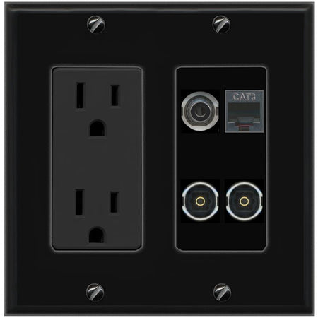 RiteAV 3.5mm PHONE 2 TOSLINK Wall Plate with 15A Power Outlet [Black]
