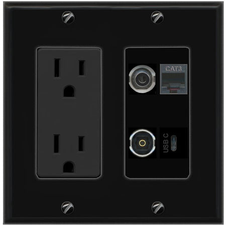 RiteAV 3.5mm PHONE TOSLINK USBC Wall Plate with 15A Power Outlet [Black]