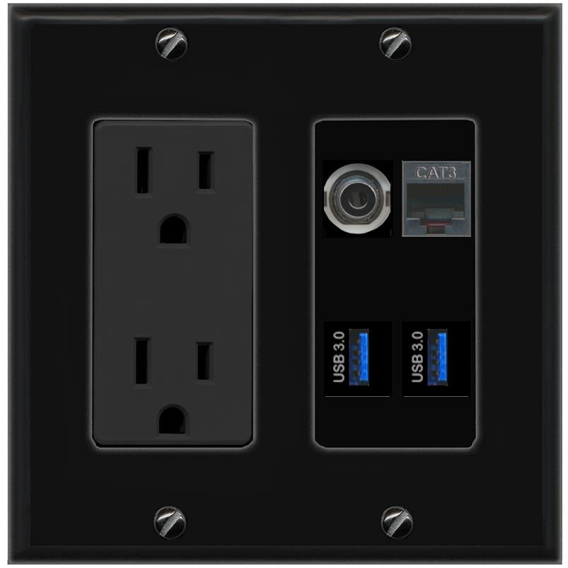 RiteAV 3.5mm PHONE 2 USB-3 Wall Plate with 15A Power Outlet [Black]