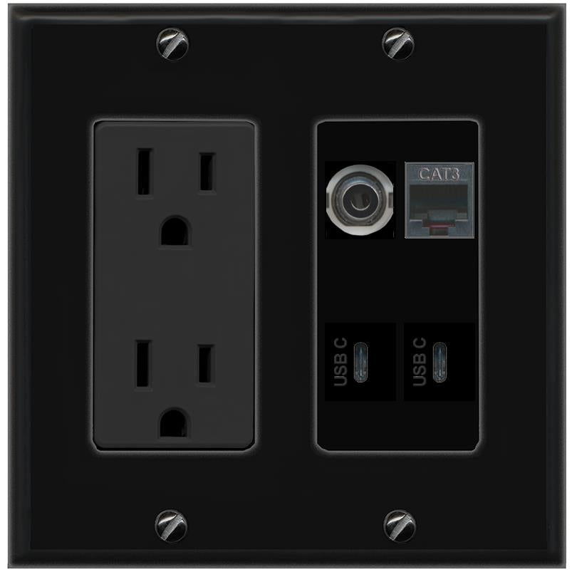 RiteAV 3.5mm PHONE 2 USBC Wall Plate with 15A Power Outlet [Black]