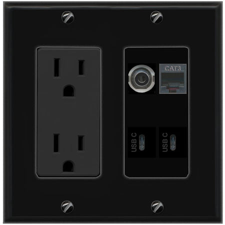 RiteAV 3.5mm PHONE 2 USBC Wall Plate with 15A Power Outlet [Black]