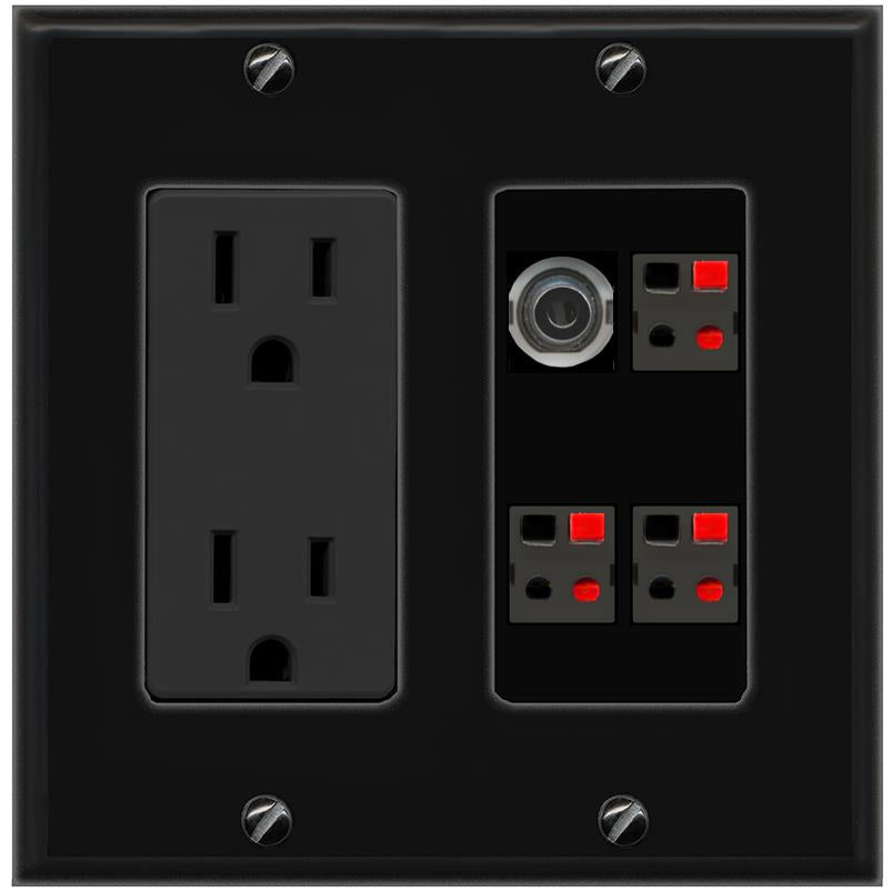 RiteAV 3.5mm 3 SPEAKER Wall Plate with 15A Power Outlet [Black]