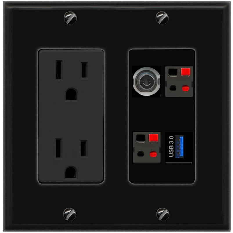 RiteAV 3.5mm 2 SPEAKER USB-3 Wall Plate with 15A Power Outlet [Black]