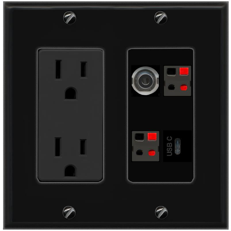 RiteAV 3.5mm 2 SPEAKER USBC Wall Plate with 15A Power Outlet [Black]