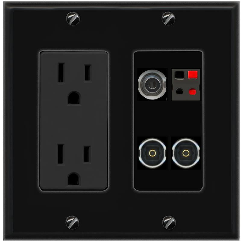 RiteAV 3.5mm SPEAKER 2 TOSLINK Wall Plate with 15A Power Outlet [Black]