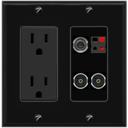RiteAV 3.5mm SPEAKER 2 TOSLINK Wall Plate with 15A Power Outlet [Black]