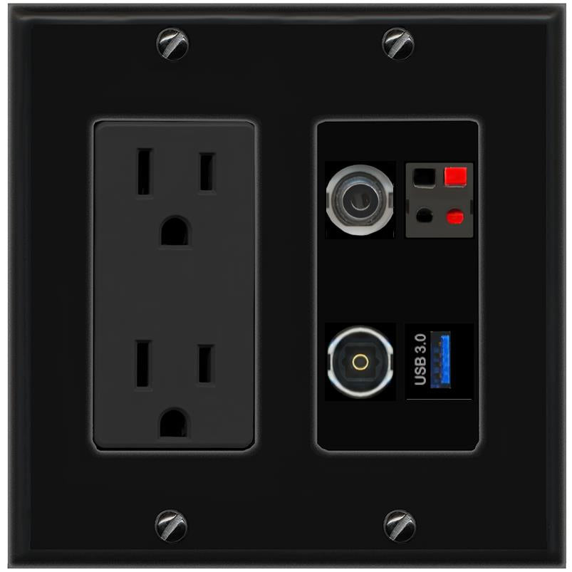 RiteAV 3.5mm SPEAKER TOSLINK USB-3 Wall Plate with 15A Power Outlet [Black]