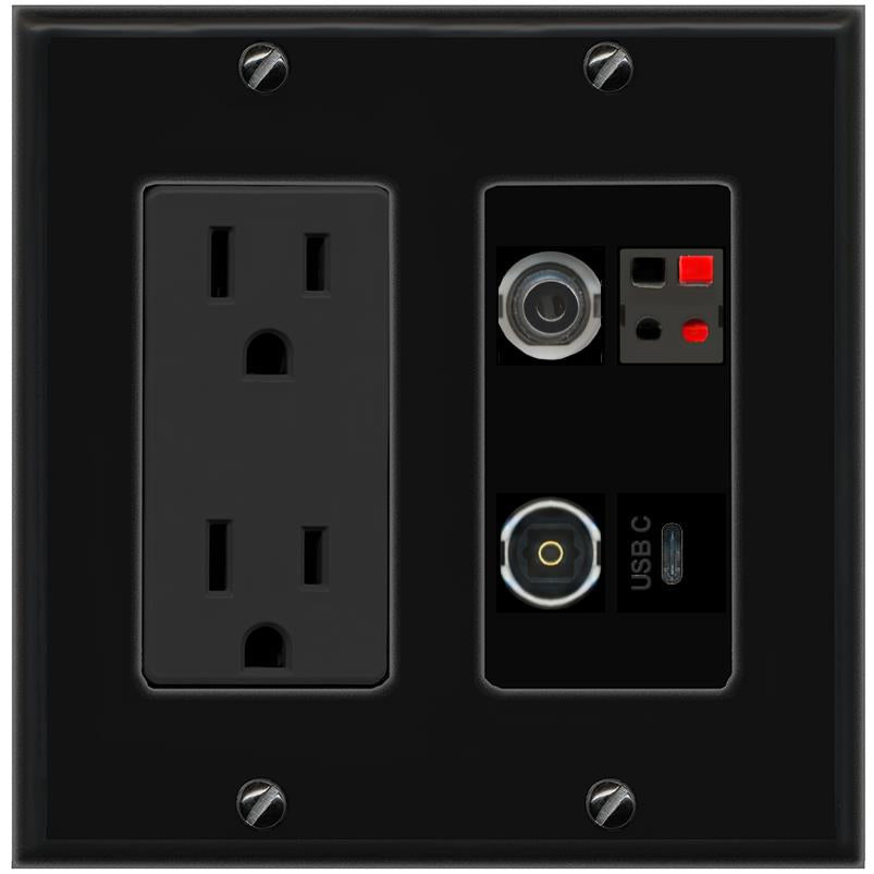 RiteAV 3.5mm SPEAKER TOSLINK USBC Wall Plate with 15A Power Outlet [Black]