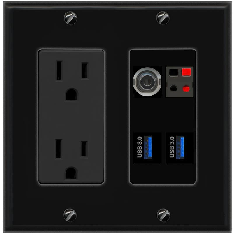 RiteAV 3.5mm SPEAKER 2 USB-3 Wall Plate with 15A Power Outlet [Black]
