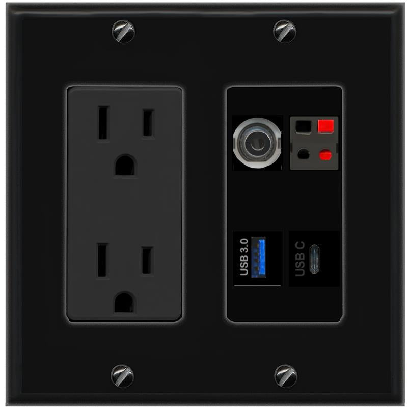 RiteAV 3.5mm SPEAKER USB-3 USBC Wall Plate with 15A Power Outlet [Black]