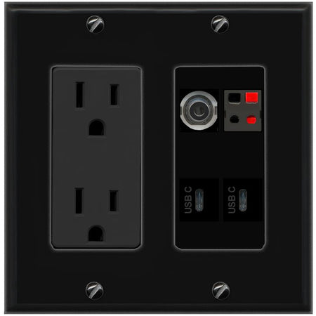 RiteAV 3.5mm SPEAKER 2 USBC Wall Plate with 15A Power Outlet [Black]
