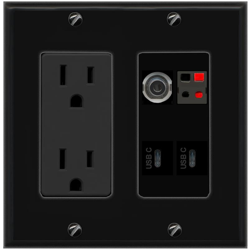 RiteAV 3.5mm SPEAKER 2 USBC Wall Plate with 15A Power Outlet [Black]