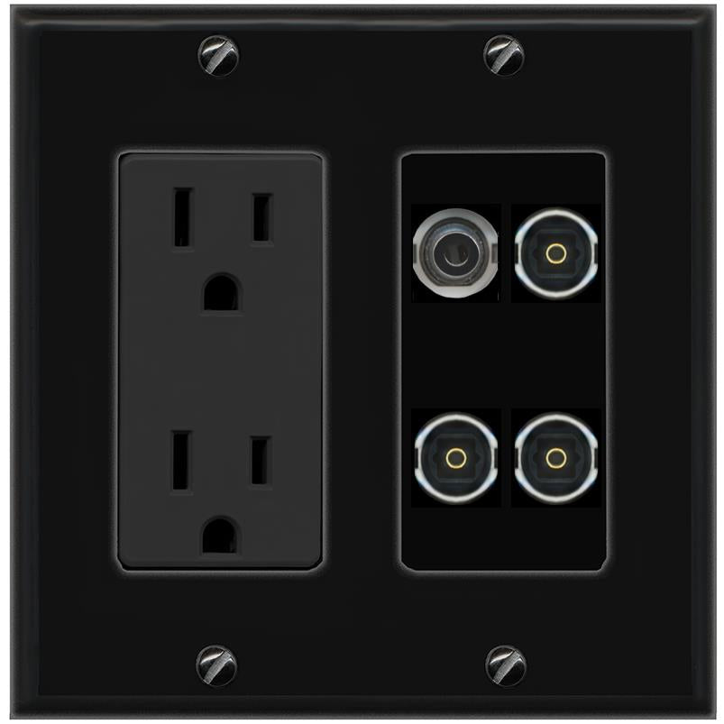RiteAV 3.5mm 3 TOSLINK Wall Plate with 15A Power Outlet [Black]