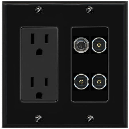 RiteAV 3.5mm 3 TOSLINK Wall Plate with 15A Power Outlet [Black]