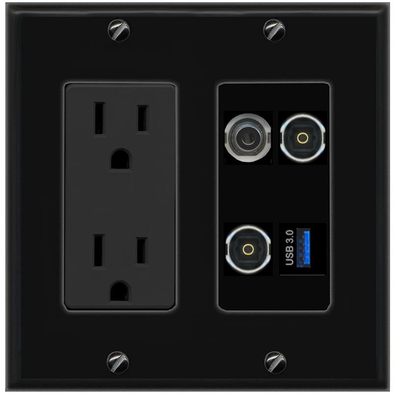 RiteAV 3.5mm 2 TOSLINK USB-3 Wall Plate with 15A Power Outlet [Black]