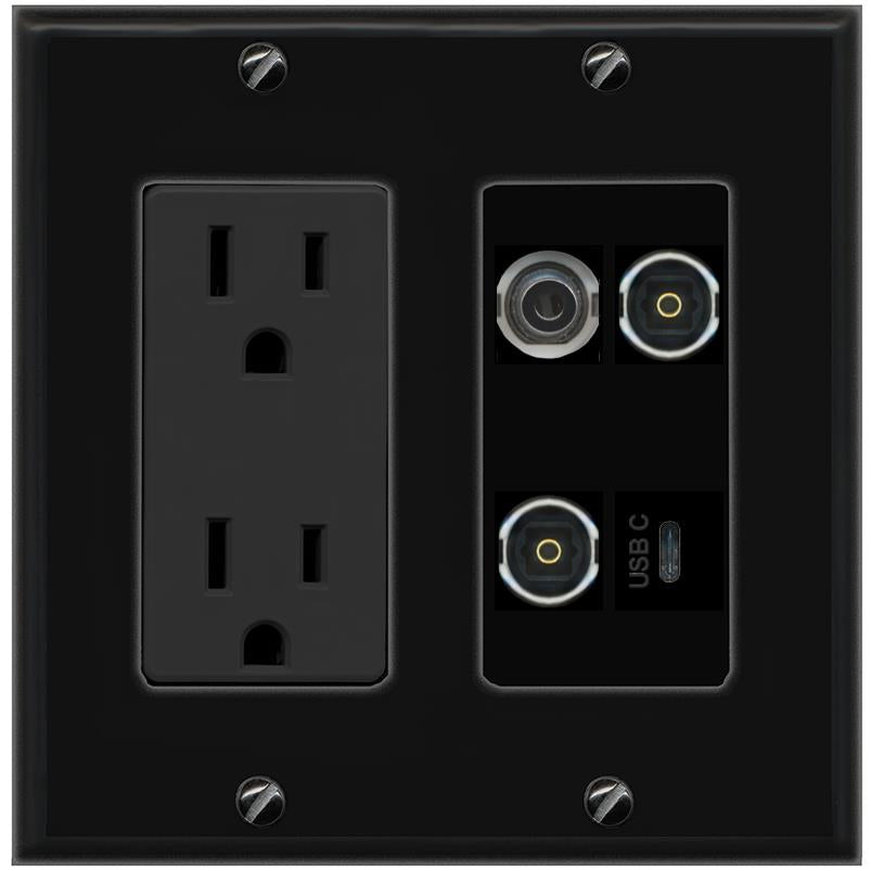 RiteAV 3.5mm 2 TOSLINK USBC Wall Plate with 15A Power Outlet [Black]