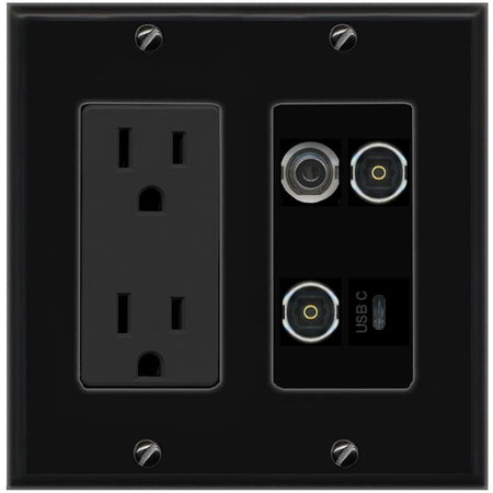 RiteAV 3.5mm 2 TOSLINK USBC Wall Plate with 15A Power Outlet [Black]