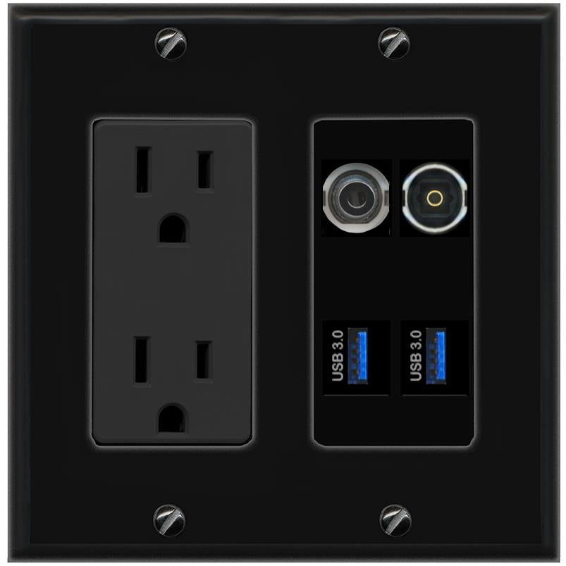 RiteAV 3.5mm TOSLINK 2 USB-3 Wall Plate with 15A Power Outlet [Black]