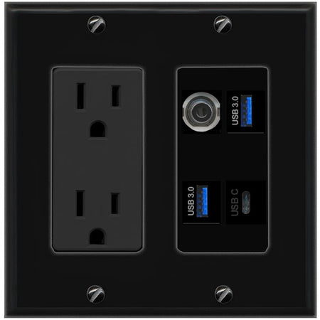 RiteAV 3.5mm 2 USB-3 USBC Wall Plate with 15A Power Outlet [Black]