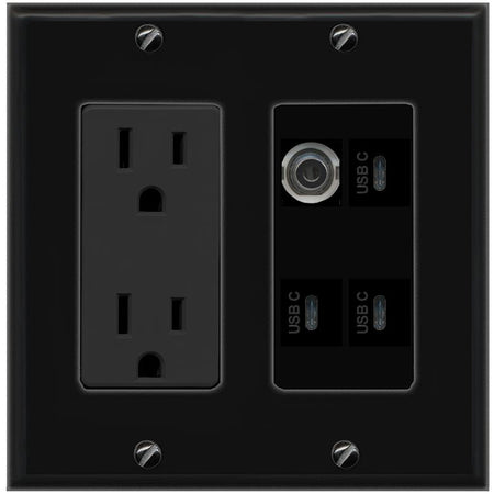 RiteAV 3.5mm 3 USBC Wall Plate with 15A Power Outlet [Black]