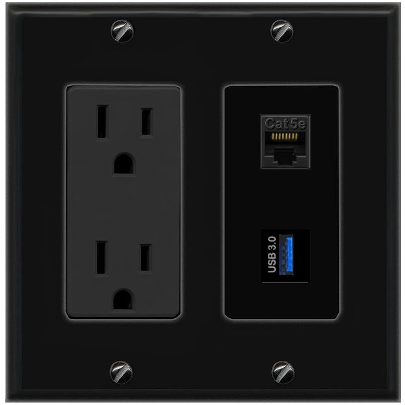 1 CAT5E 1 USB-3 Wall Plate [Black]