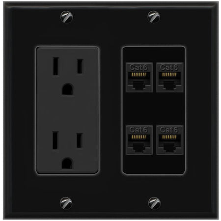 RiteAV 4 CAT6 Wall Plate with 15A Power Outlet [Black]