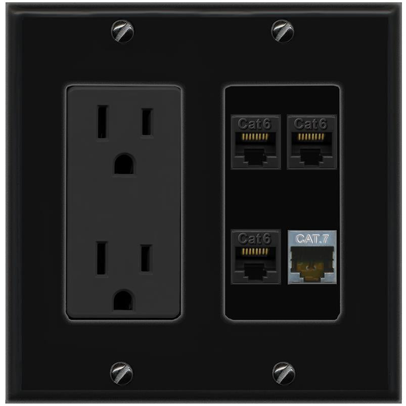 RiteAV 3 CAT6 CAT7 Wall Plate with 15A Power Outlet [Black]