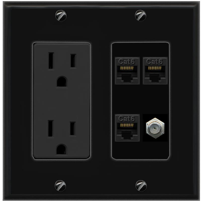 RiteAV 3 CAT6 COAX Wall Plate with 15A Power Outlet [Black]