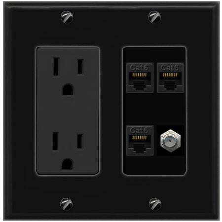 RiteAV 3 CAT6 COAX Wall Plate with 15A Power Outlet [Black]