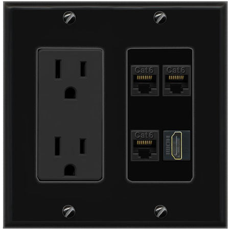 RiteAV 3 CAT6 HDMI Wall Plate with 15A Power Outlet [Black]