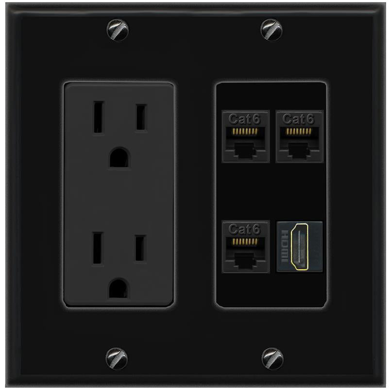 RiteAV 3 CAT6 HDMI Wall Plate with 15A Power Outlet [Black]