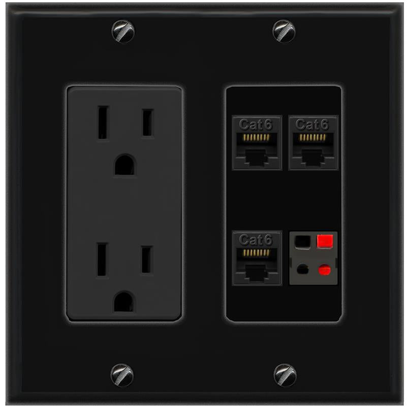 RiteAV 3 CAT6 SPEAKER Wall Plate with 15A Power Outlet [Black]