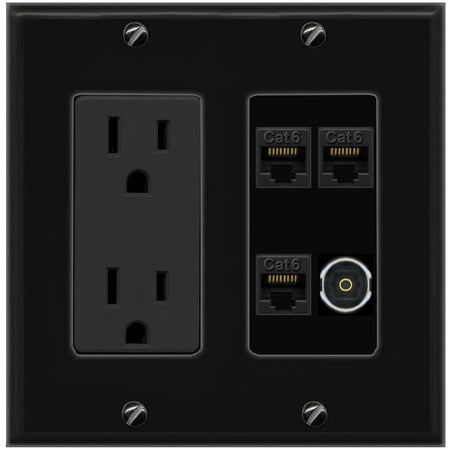 RiteAV 3 CAT6 TOSLINK Wall Plate with 15A Power Outlet [Black]
