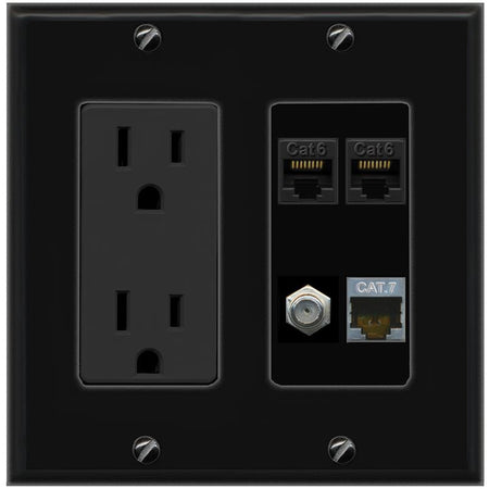 RiteAV 2 CAT6 CAT7 COAX Wall Plate with 15A Power Outlet [Black]