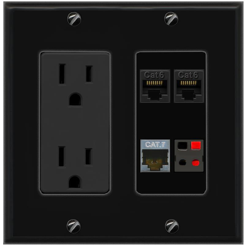 RiteAV 2 CAT6 CAT7 SPEAKER Wall Plate with 15A Power Outlet [Black]