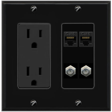 RiteAV 2 CAT6 2 COAX Wall Plate with 15A Power Outlet [Black]