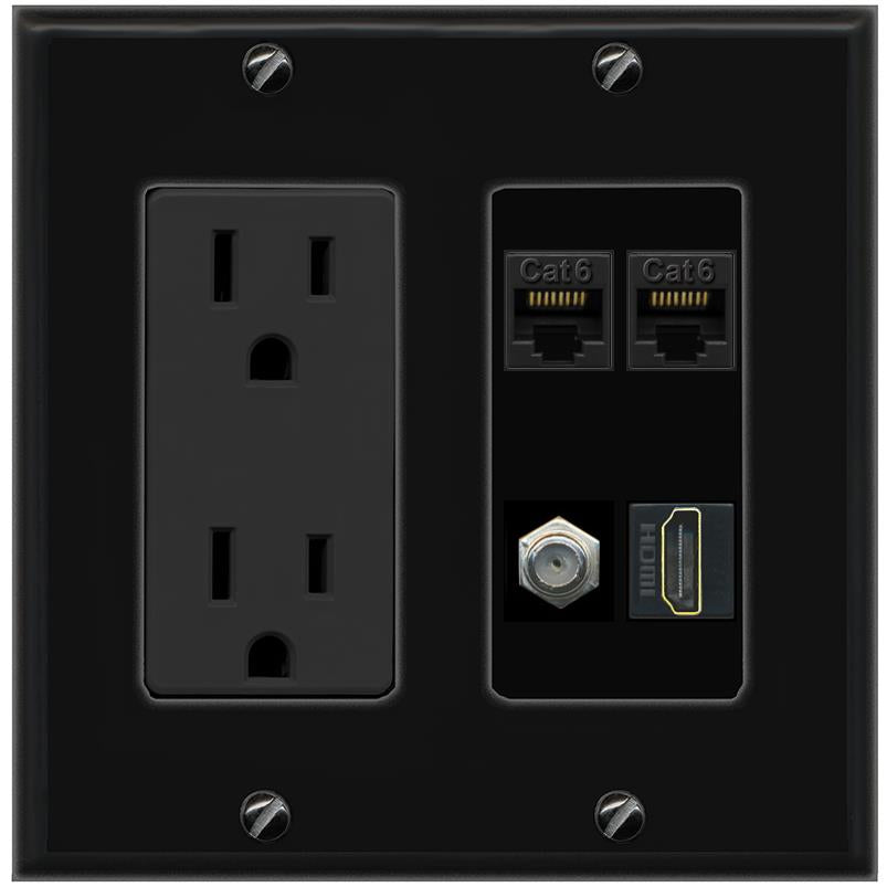 RiteAV 2 CAT6 COAX HDMI Wall Plate with 15A Power Outlet [Black]